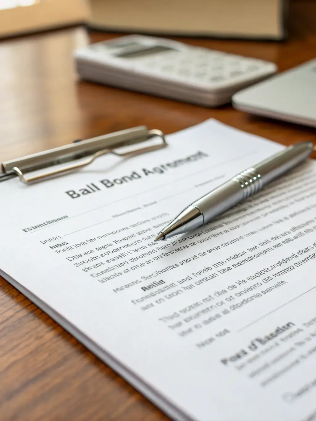A close-up of a bail bond agreement being signed, with a pen in hand and the Bail Bonds Now logo subtly visible.