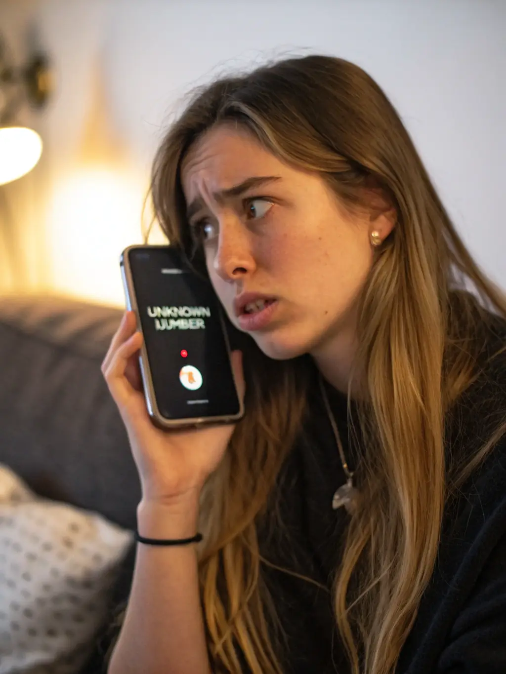 A person making an initial phone call to Bail Bonds Now, seeking information about bail bond services, with a concerned expression.